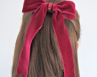 Lazo de terciopelo color baya hecho a mano con pinza, lazo para el cabello de niña, lazo para cabello largo, lazo con pinza, pinza para lazo, lazo para ella, lazo para el cabello color borgoña