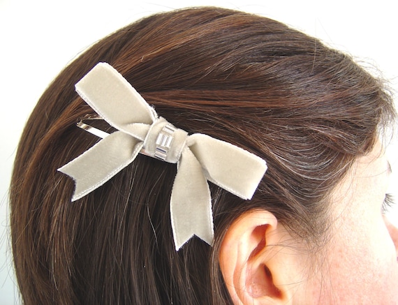 Grey Velvet Ribbon Bow Hair Clip, Classic Grey Velvet Hair Bow