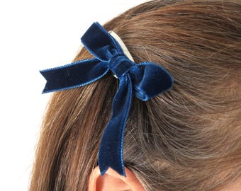 Navy Velvet Bow Hair Clips, Clip on Bows, Hair Bows for Girls, Ribbon Hair Bows, Small Hair Clips, Dark Blue Hair Bows, Handmade Hair Bows