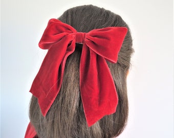 Red Velvet Hair Bow, Hair Accessory, Plain or Beaded Bow, Handmade Bow, Hair Bow Barrette, Velvet Bow Clip, Classic Bow, Clip on Hair Bow