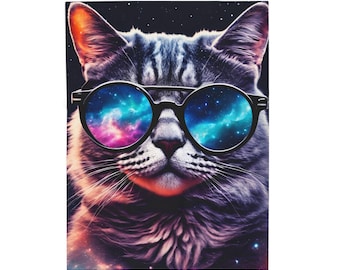 Galaxy Cat Fleece Blanket, Funny Cat with Shades, Space Theme