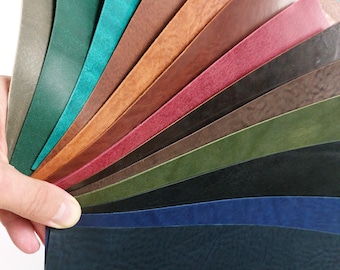 May include: A selection of leather swatches in a variety of colours, including green, brown, red, and blue. The swatches are arranged in a fan shape, with the darkest colour at the bottom and the lightest colour at the top.