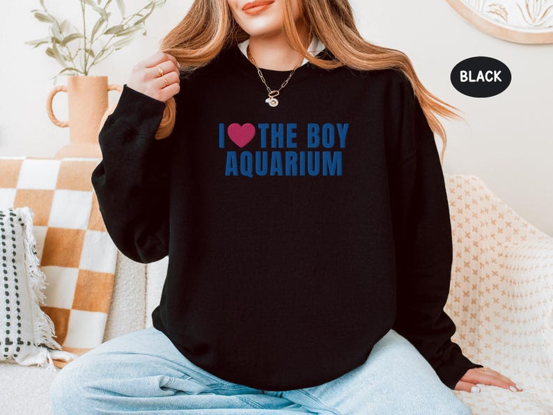 May include: Black sweatshirt with the text "I &hearts; THE BOY AQUARIUM" in blue and a pink heart. The sweatshirt is a crew neck style and is made of a soft material. The word "BLACK" is in a black oval.