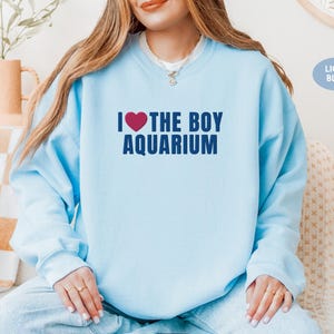 May include: Light blue sweatshirt with the text "I ❤️ THE BOY AQUARIUM" in navy blue and a red heart. The sweatshirt is a solid light blue color. The image also includes a light blue color swatch.