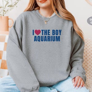 May include: Sport grey sweatshirt with the text "I ❤️ THE BOY AQUARIUM" in blue and a pink heart. The sweatshirt is a casual style, perfect for everyday wear. The text is centered on the chest.