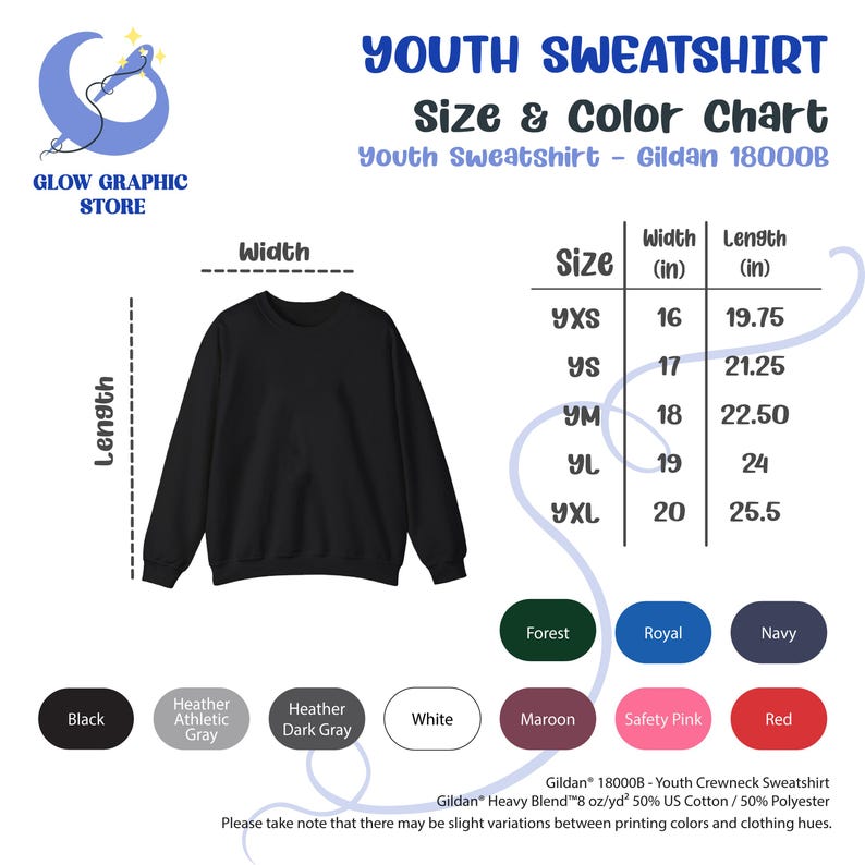 May include: Youth sweatshirt size chart with measurements in inches. The chart shows sizes from YXS to YXL, with corresponding width and length measurements. The chart also includes a color chart with options like forest, royal, navy, black, heather athletic gray, heather dark gray, white, maroon, safety pink, and red.