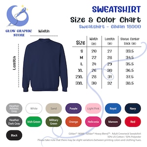 May include: A size and color chart for Gildan 18000 sweatshirts. The chart shows the width, length, and sleeve center back measurements in inches for sizes S through 3XL. The chart also includes a color palette of 16 different colors.
