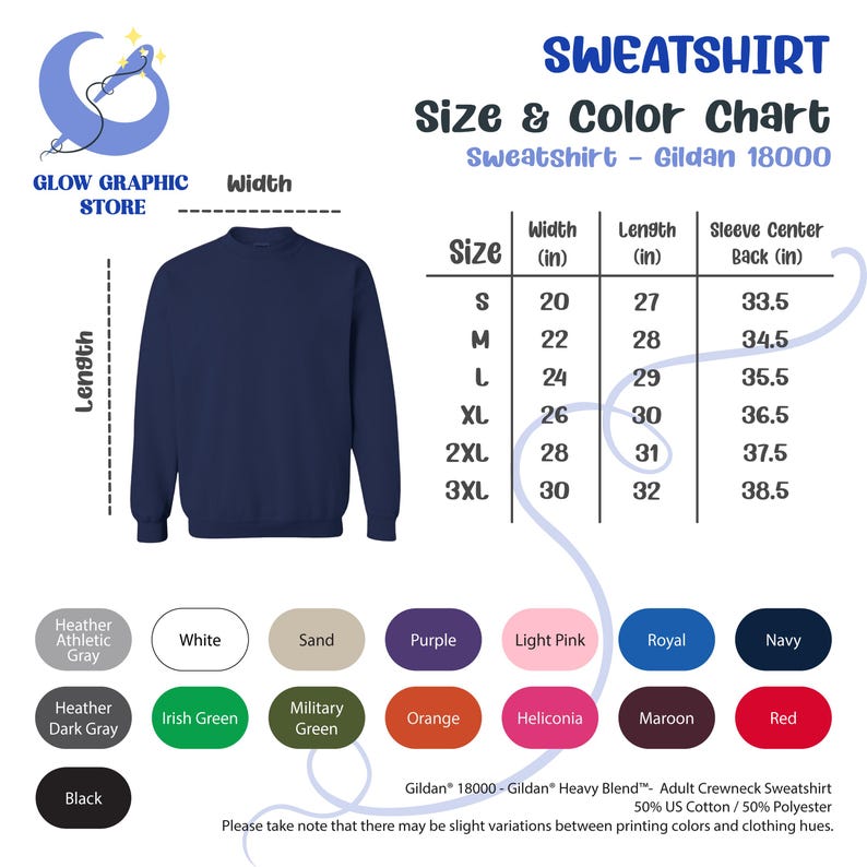 May include: A size and color chart for Gildan 18000 sweatshirts. The chart shows the width, length, and sleeve center back measurements in inches for sizes S through 3XL. The chart also includes a color palette of 16 different colors.