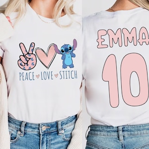 Peace Love Stitch Birthday T-Shirt, Custom Name Birthday Girl Boy Shirt, Stitch Birthday Outfit, Disney Birthday Gift, Personalized Birthday