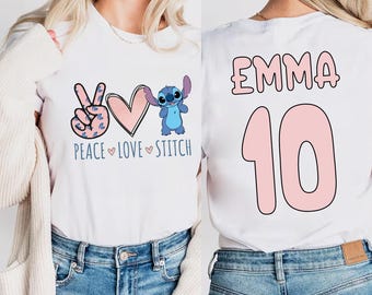Peace Love Stitch Birthday T-Shirt, Custom Name Birthday Girl Boy Shirt, Stitch Birthday Outfit, Disney Birthday Gift, Personalized Birthday