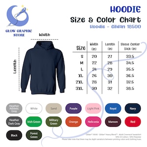 May include: A size and color chart for Gildan 18500 hoodies. The chart shows the width, length, and sleeve center back measurements in inches for sizes S through 3XL. The chart also includes a color swatch for each color option.