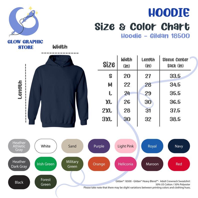 May include: A size and color chart for Gildan 18500 hoodies. The chart shows the width, length, and sleeve center back measurements in inches for sizes S through 3XL. The chart also includes a color swatch for each color option.
