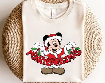 Camiseta navideña de Disney, camiseta navideña de Mickey, camiseta navideña de Papá Noel y Mickey, camisetas navideñas divertidas, camisetas navideñas de Disney