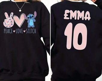 Peace Love Stitch Birthday Sweatshirt, Custom Name Birthday Girl Sweater, Stitch Birthday Outfit, Disney Birthday Gift,Personalized Birthday