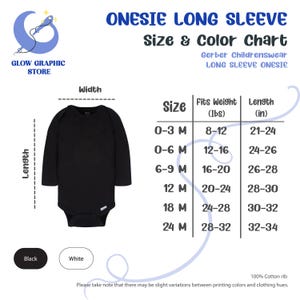 May include: Size chart for long-sleeve onesies for babies. The chart shows sizes from 0-3 months to 24 months, with corresponding weight and length measurements in inches. The chart is labeled "Gerber Childrenswear Long Sleeve Onesie".