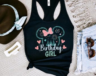 Custom Disney Birthday Girl Racerback Tank Top, Disney Birthday Tee, Disney Matching Birthday Tops, Disney Castle Tee, Minnie Head Birthday