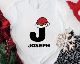 Custom Name Christmas Shirt, Christmas Pajamas, Personalized Letter Shirt, Santa Hat Shirt, Custom Name Family Shirt, Christmas Group Shirts