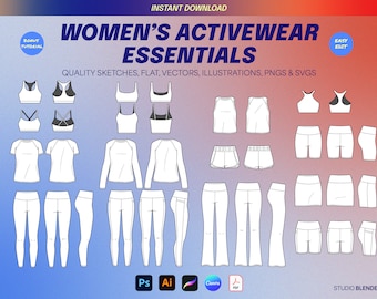 Puede incluir: Un conjunto de dibujos lineales de prendas esenciales de ropa deportiva para mujer, que incluyen tops, leggings, pantalones cortos y pantalones. Los dibujos están en blanco y negro y sobre un fondo degradado de rosa y azul.