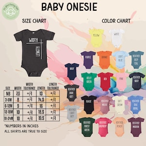 The image is a size chart and color chart for baby onesies, providing measurements and color options for different age groups.