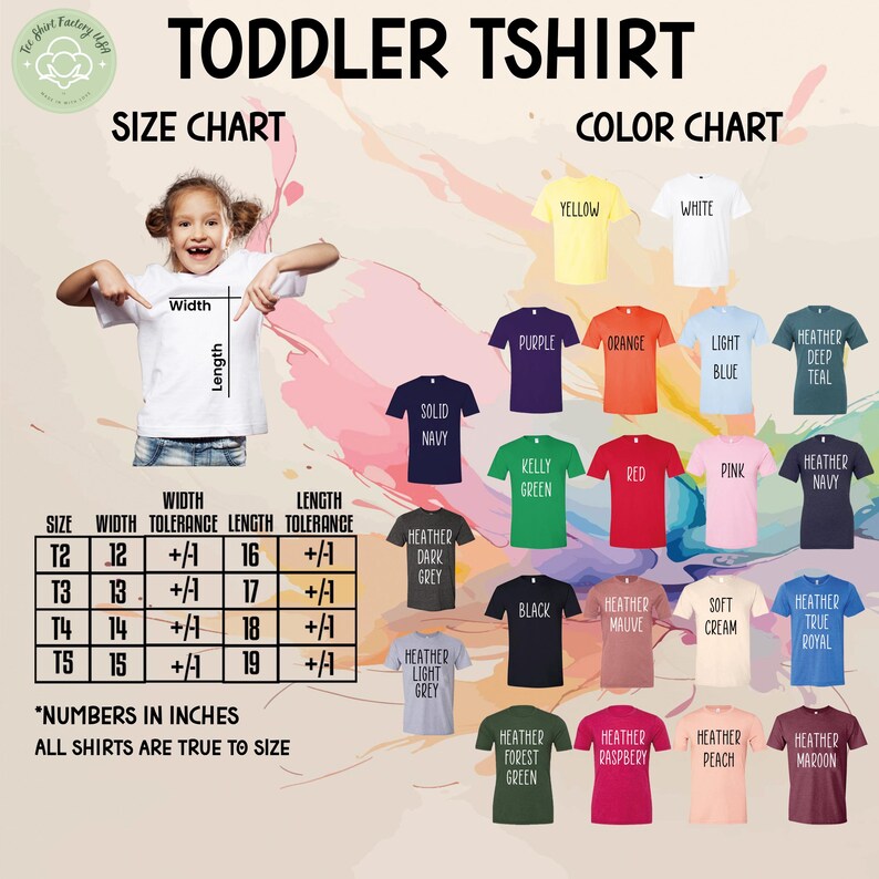 The image is a collage of various toddler t-shirt designs, including different colors and styles, along with a size chart and color chart.
