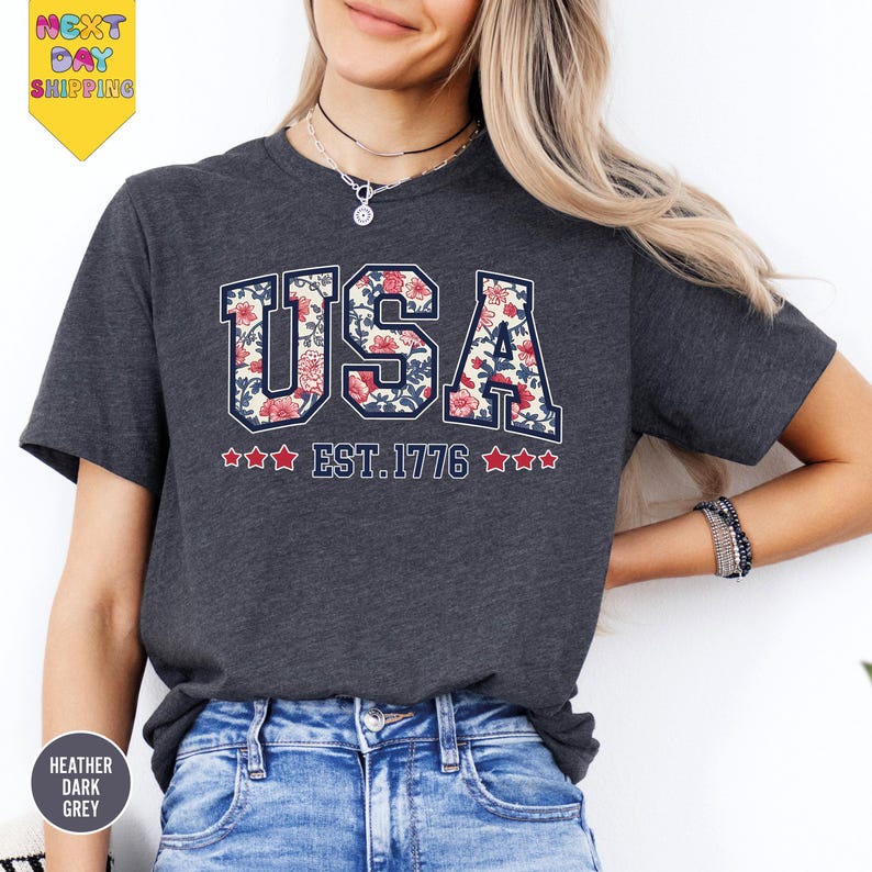 a woman wearing a usa est est est est est est est est est est est