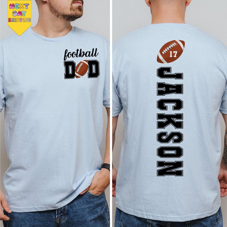 a man wearing a football shirt with the word football dad on it