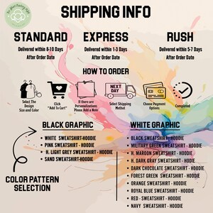 The image is a shipping information graphic that provides details on how to order different types of sweatshirts. It includes icons and text to guide customers through the ordering process, such as selecting the design, adding to the cart, and choosing the shipping method.