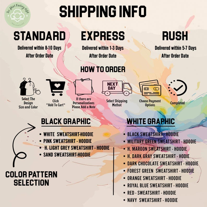 The image is a shipping information graphic that provides details on how to order different types of sweatshirts. It includes icons and text to guide customers through the ordering process, such as selecting the design, adding to the cart, and choosing the shipping method.