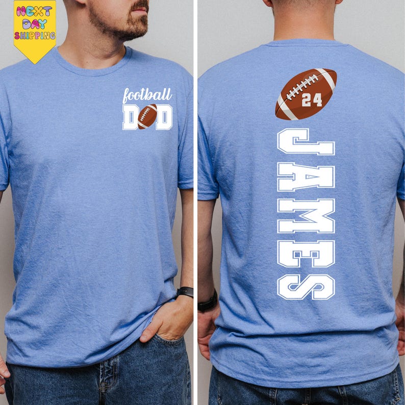 a man in a blue shirt with a football on it