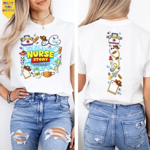 A woman wearing a white t-shirt with a colorful graphic design depicting medical and healthcare-related items, such as a stethoscope, syringe, and bandages.