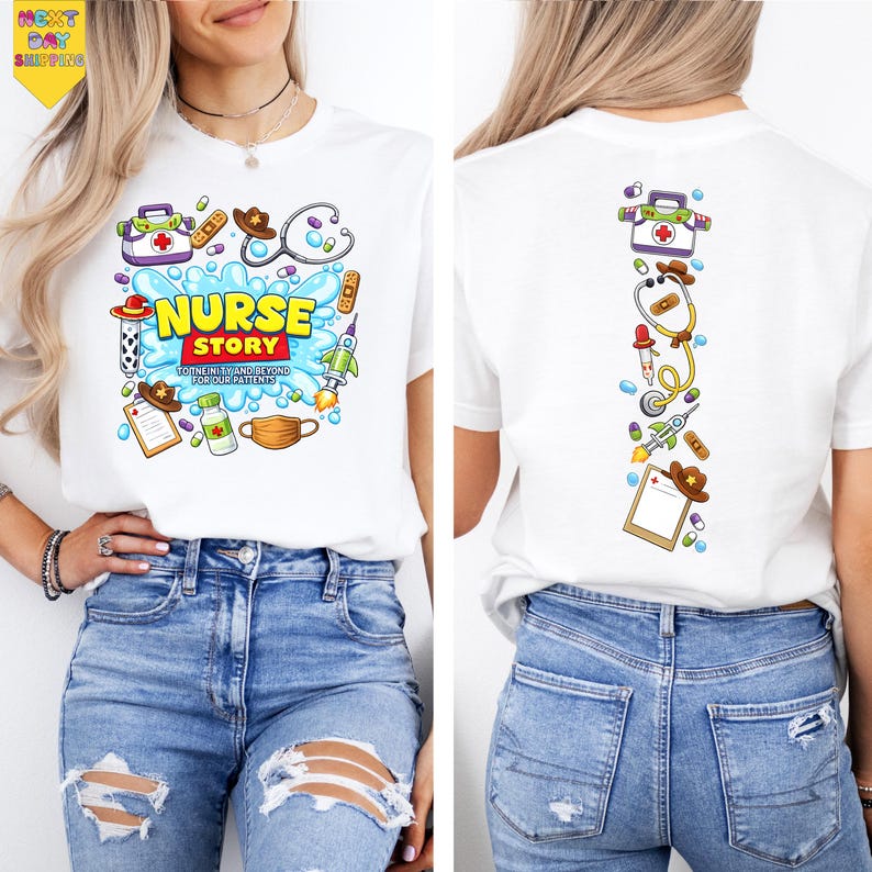 A woman wearing a white t-shirt with a colorful graphic design depicting medical and healthcare-related items, such as a stethoscope, syringe, and bandages.