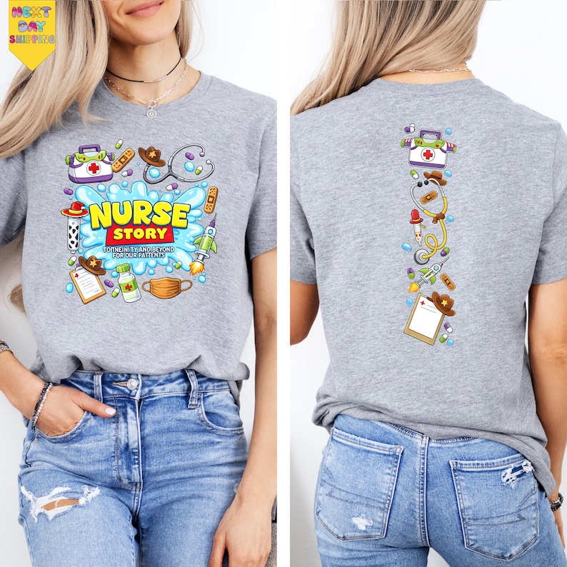 a woman wearing a gray t-shirt with a cartoon-style design depicting various medical and healthcare-related items, such as a stethoscope, syringe, and medical equipment.