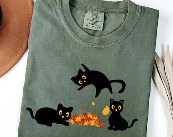 Comfort Colors® Black Cats and Fall Leaves Tee, Autumn Cat Shirt, Black Cat Shirt, Cute Fall T-Shirt, Cozy Cat Lover Gift, Autumn Aesthetic