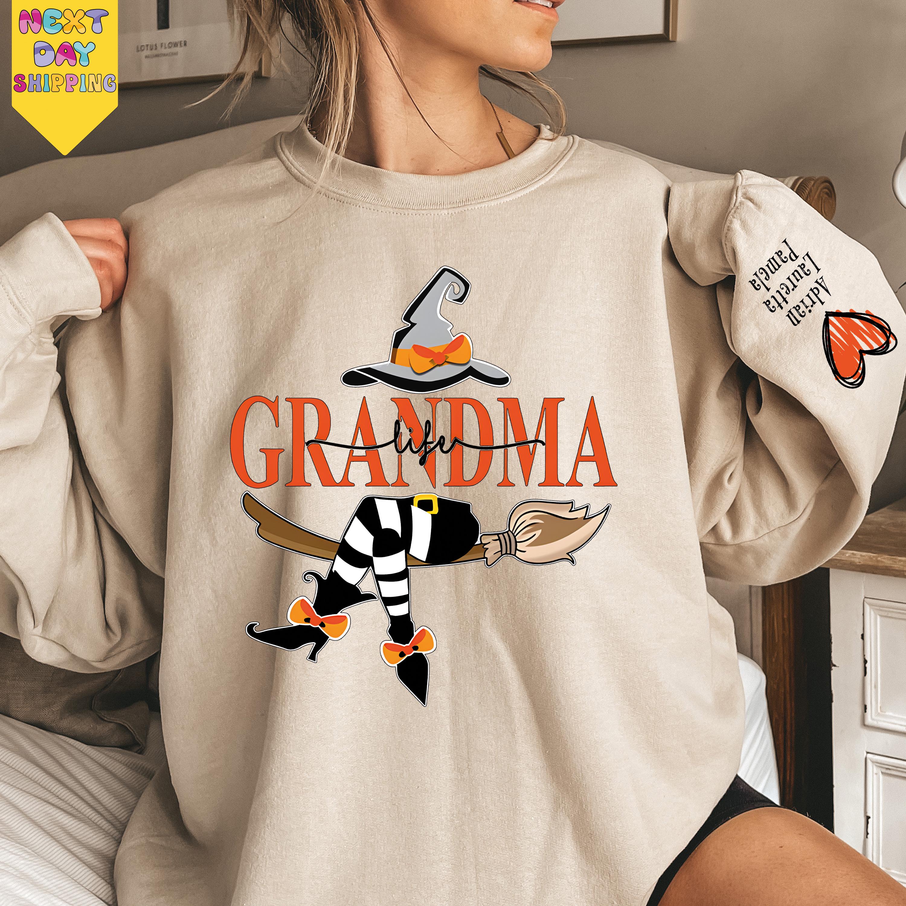 Custom Halloween Grandma Witch Sweatshirt, Grandma And Grandkids Halloween Sweatshirt, Grandma Shirt With Name On Sleeve, Mom Halloween Gift