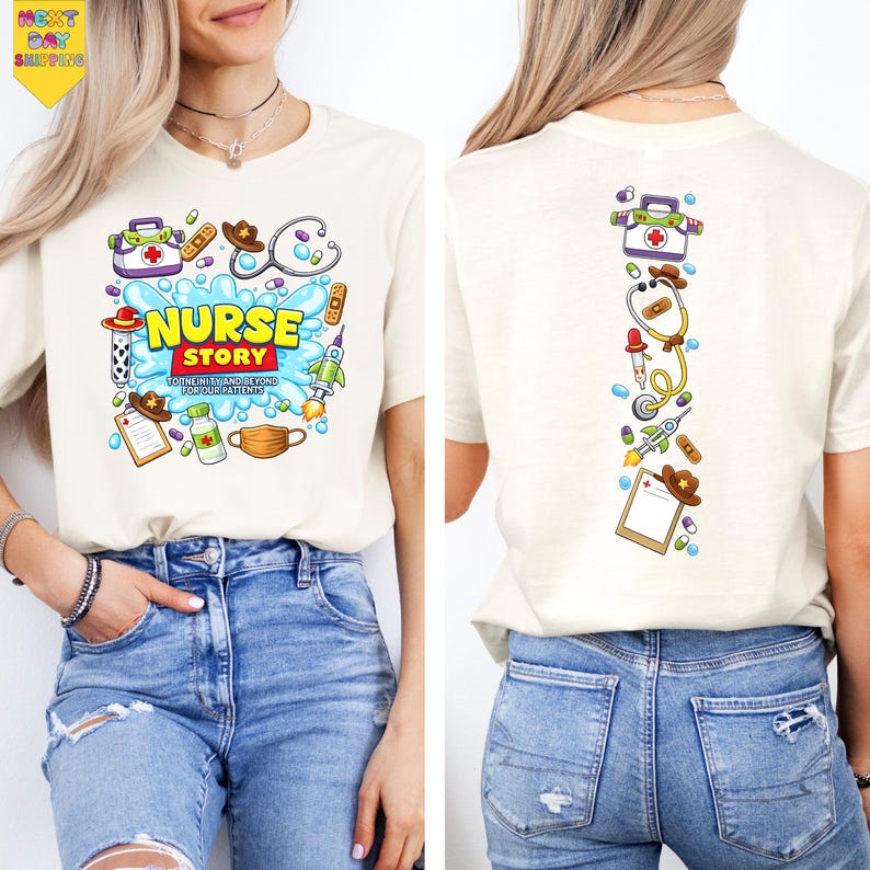 A woman wearing a white t-shirt with a colorful graphic design depicting medical and nursing-related items, such as a stethoscope, syringe, and bandages.