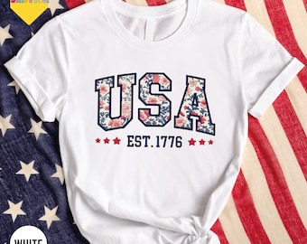 Floral USA Shirt, American Girl Shirt, USA Est 1776 Shirt, Girly 4th of July Shirt, Patriotic Women Shirt, Flower USA Shirt,Independence Day