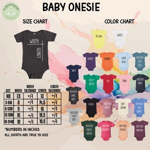 The image is a size chart and color chart for baby onesies, providing measurements and color options for different age groups.