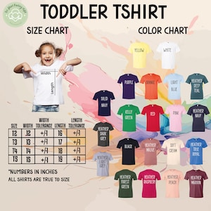 The image is a collage of various toddler t-shirt designs, including different colors and styles, along with a size chart and color chart.