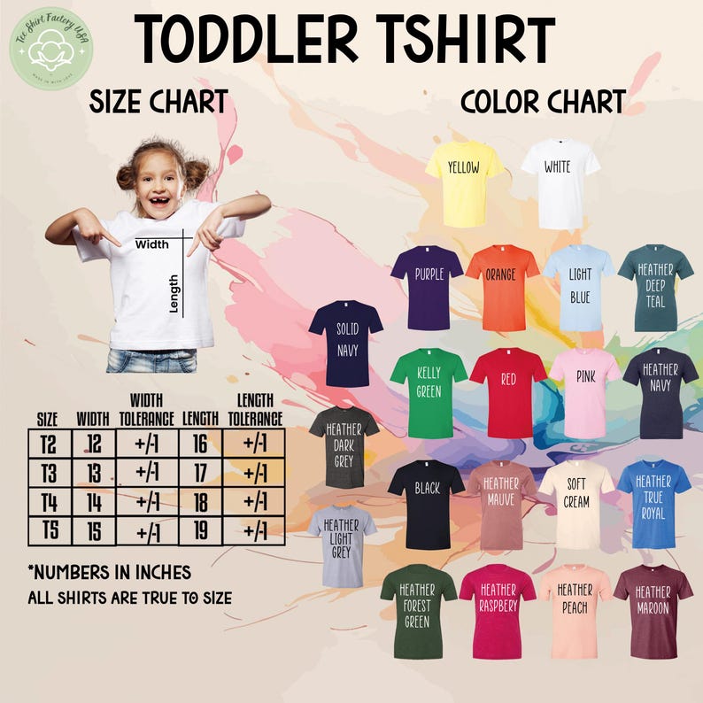The image is a collage of various toddler t-shirt designs, including different colors and styles, along with a size chart and color chart.