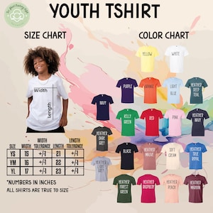 The image is a colorful youth t-shirt size chart and color chart, featuring a young girl posing with a white t-shirt and various colored t-shirts displayed in the background.