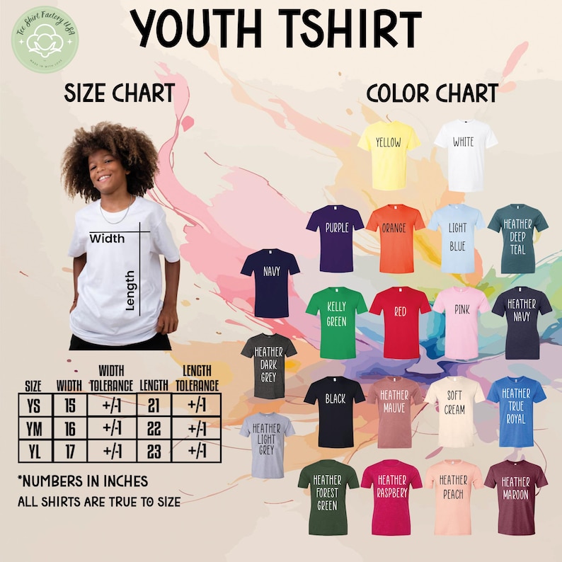 The image is a colorful youth t-shirt size chart and color chart, featuring a young girl posing with a white t-shirt and various colored t-shirts displayed in the background.
