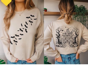 Haunted House  Halloween Sweatshirt Halloween Party Bats Crewneck Spooky Season Pullover Vintage Halloween Sweater Trendy,Pumpkin Sweatshirt