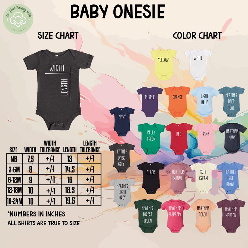 The image is a size chart and color chart for baby onesies, providing measurements and color options for different age groups.