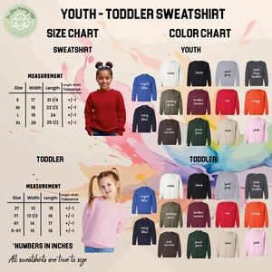 The image is a size chart and color chart for a youth and toddler sweatshirt, providing measurements and color options for different age groups.
