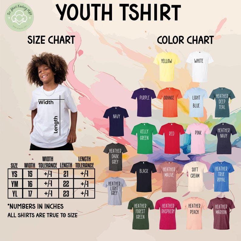 The image is a colorful youth t-shirt size chart and color chart, featuring a young girl posing with a white t-shirt and various colored t-shirts displayed in the background.