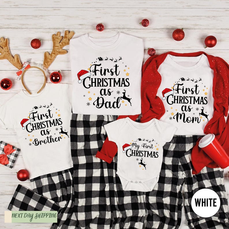a family of three wearing matching christmas pajamas