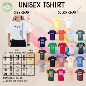 The image is a collage of various t-shirt designs, each with a different color and size chart, along with a woman wearing a white t-shirt. The image includes a size chart and color chart for the t-shirts, providing information about the width and color options available for each design.