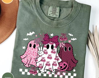 Comfort Colors® Coquette Retro Leopard Checkered Ghost Halloween Spooky Season T-Shirt, Ghost Halloween Shirt,Tis the Season Shirt