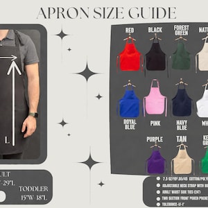 The image is a guide to aprons, providing information about the sizes and colors available. It includes a diagram of a person wearing a black apron, along with a list of aprons in various colors and sizes. The guide also provides dimensions and descriptions for the different apron styles.