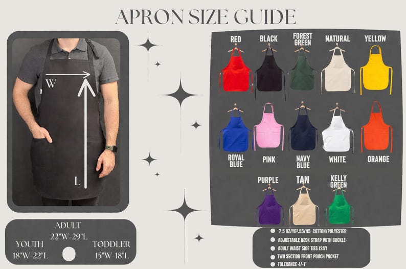 The image is a guide to aprons, providing information about the sizes and colors available. It includes a diagram of a person wearing a black apron, along with a list of aprons in various colors and sizes. The guide also provides dimensions and descriptions for the different apron styles.